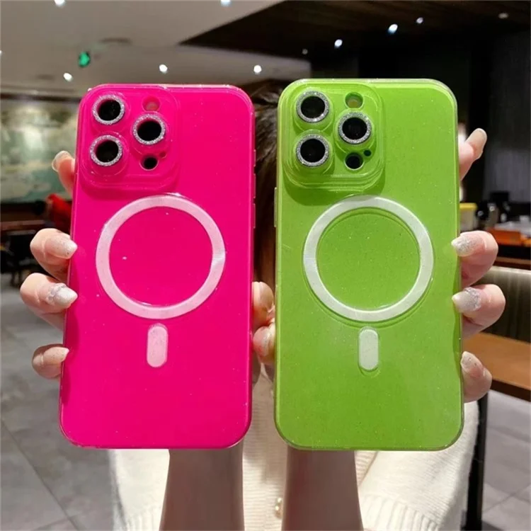 For iPhone 14 Pro TPU Phone Cover Cell Phone Case Compatible with MagSafe Shiny Glitter - Pink