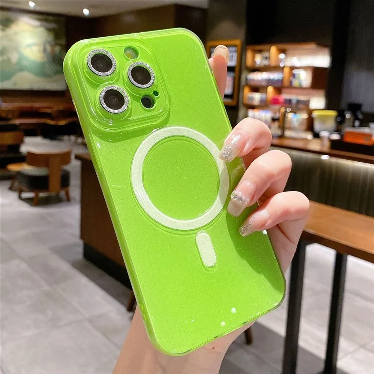For iPhone 15 Pro Max Case Compatible with MagSafe Shiny Glitter TPU Phone Cover - Fluorescent Green