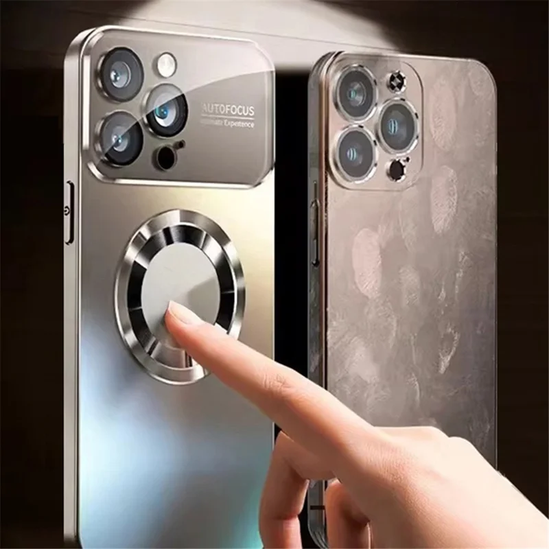 For iPhone 14 Pro Max Case with Lens Film Magnetic Anti-scratch PC Phone Protective Shell - Dark Blue