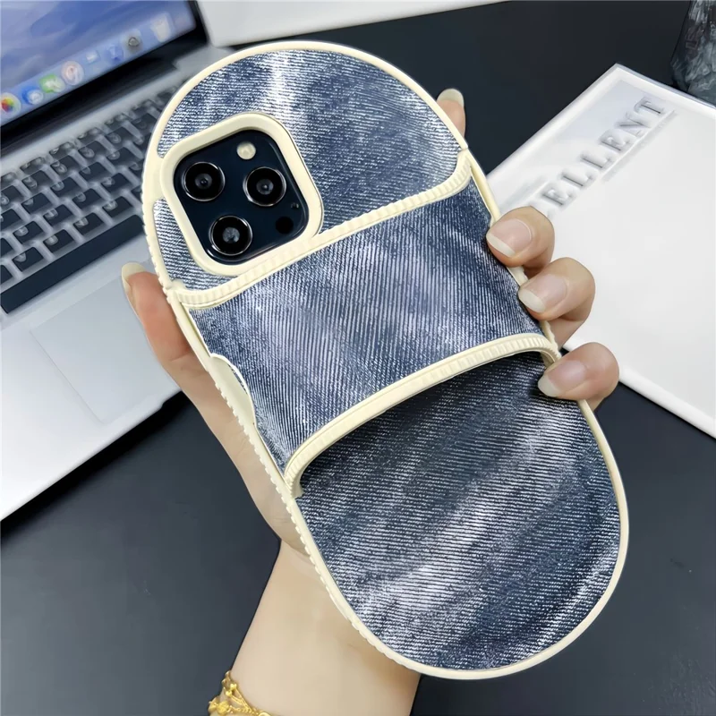 For iPhone 15 Pro TPU Case Denim Slipper Design Kickstsand Phone Cover - Grey Blue