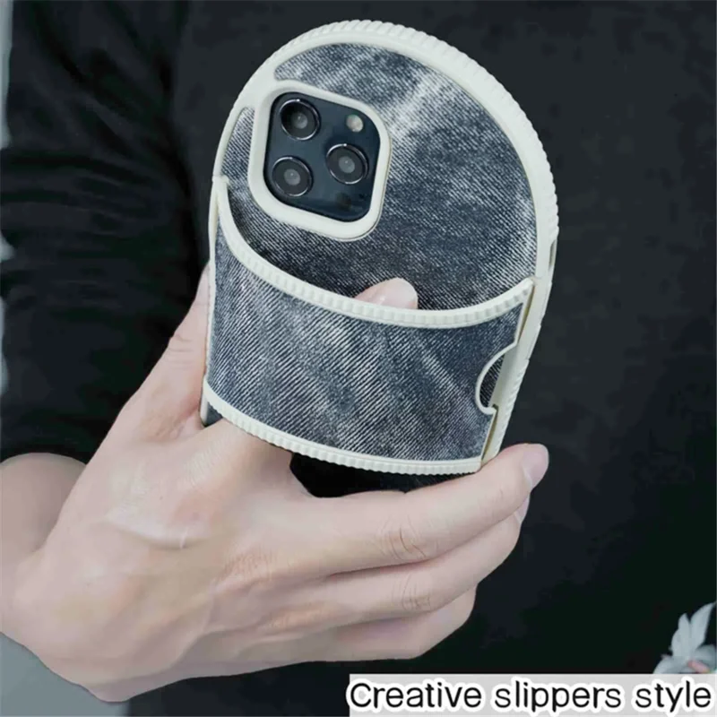 For iPhone 15 Pro TPU Case Denim Slipper Design Kickstsand Phone Cover - Grey Blue