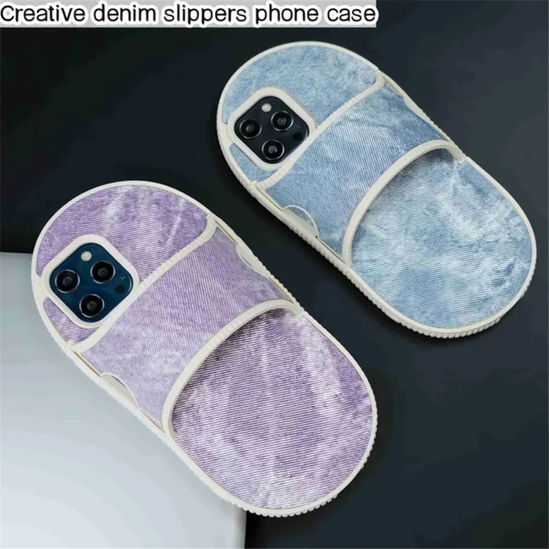 For iPhone 15 Pro TPU Case Denim Slipper Design Kickstsand Phone Cover - Grey Blue