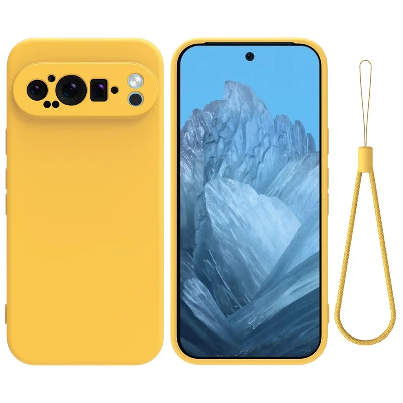 For Google Pixel 9 Pro XL Liquid Silicone Cell Phone Cases Drop-Proof Back Cover with Strap - Yellow