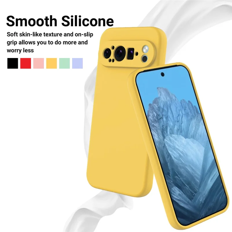 For Google Pixel 9 Pro XL Liquid Silicone Cell Phone Cases Drop-Proof Back Cover with Strap - Yellow