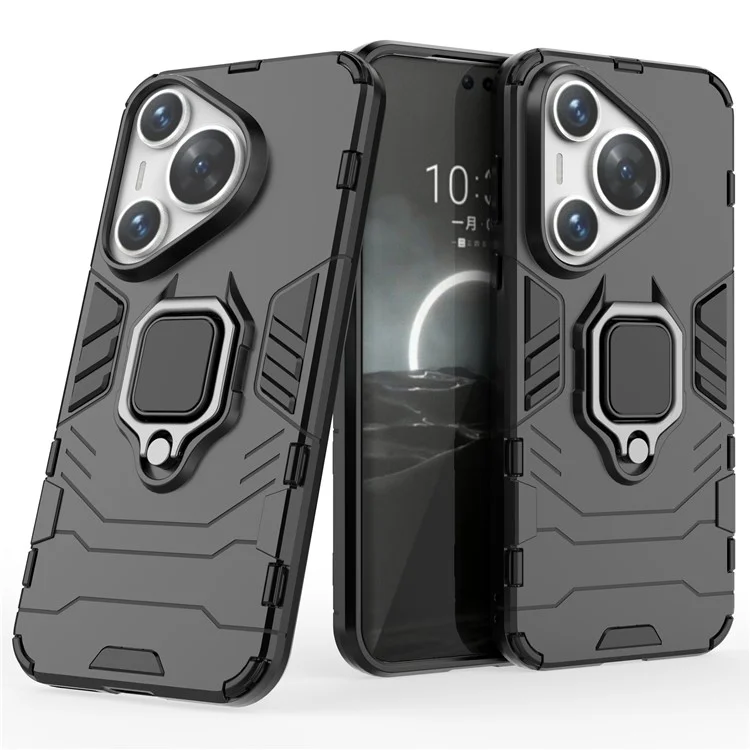 For Huawei Pura 70 Case Slim-Fit PC+TPU Ring Holder Kickstand Protective Cover - Black