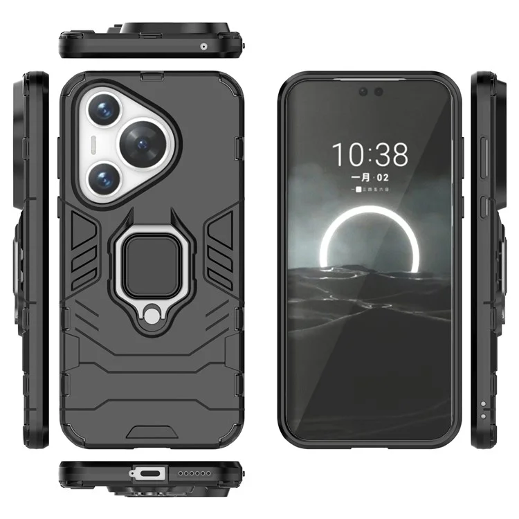 For Huawei Pura 70 Case Slim-Fit PC+TPU Ring Holder Kickstand Protective Cover - Black