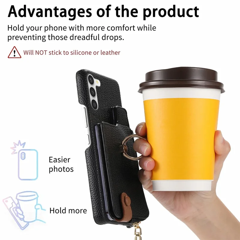 Y3 for Samsung Galaxy S23+ Leather Case Zipper RFID Blocking Phone Cover - Black