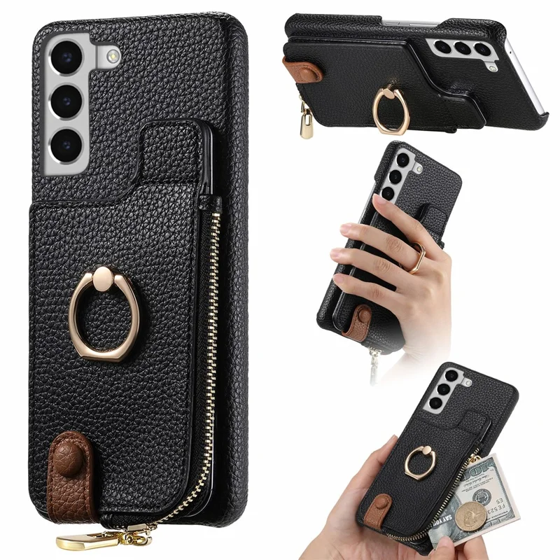 Y3 For Samsung Galaxy S22+ 5G Case Zipper Wallet RFID Blocking Phone Cover with  Ring Kickstand - Black