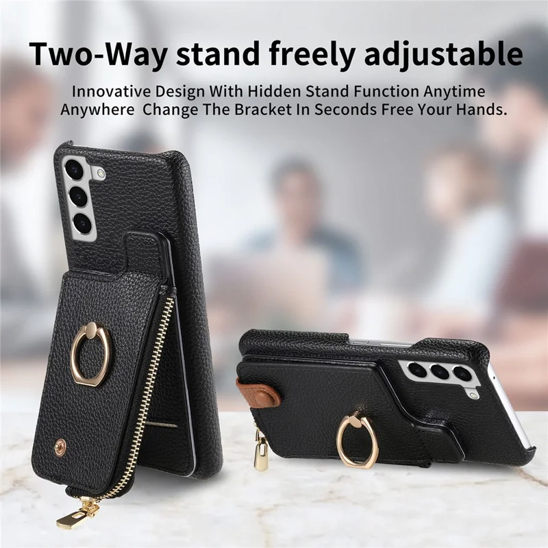 Y3 For Samsung Galaxy S22+ 5G Case Zipper Wallet RFID Blocking Phone Cover with  Ring Kickstand - Black