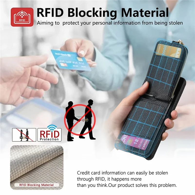 Y3 For Samsung Galaxy S22+ 5G Case Zipper Wallet RFID Blocking Phone Cover with  Ring Kickstand - Black