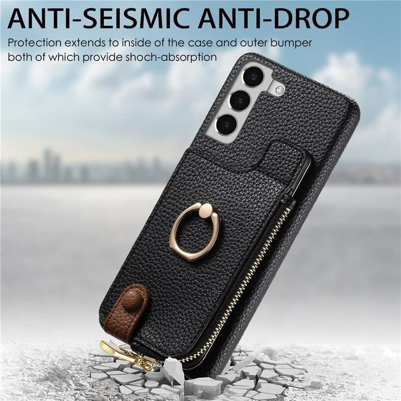 Y3 For Samsung Galaxy S22+ 5G Case Zipper Wallet RFID Blocking Phone Cover with  Ring Kickstand - Black
