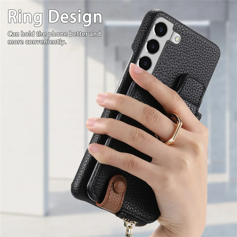 Y3 For Samsung Galaxy S22+ 5G Case Zipper Wallet RFID Blocking Phone Cover with  Ring Kickstand - Black