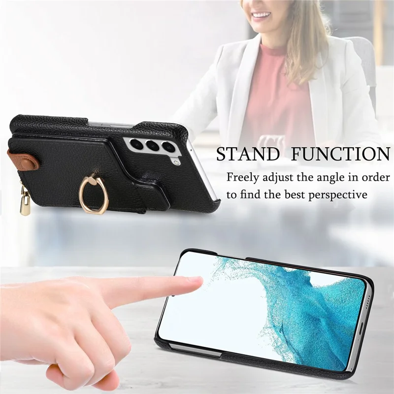 Y3 For Samsung Galaxy S22+ 5G Case Zipper Wallet RFID Blocking Phone Cover with  Ring Kickstand - Black