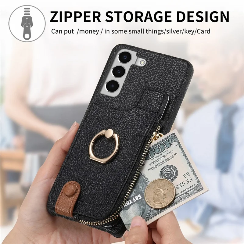 Y3 For Samsung Galaxy S22+ 5G Case Zipper Wallet RFID Blocking Phone Cover with  Ring Kickstand - Black