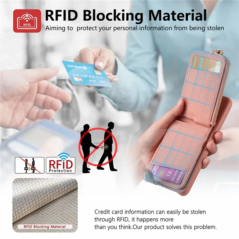 Y3 for Samsung Galaxy A53 5G Shockproof Case RFID Blocking Zipper Pocket Phone Cover - Pink