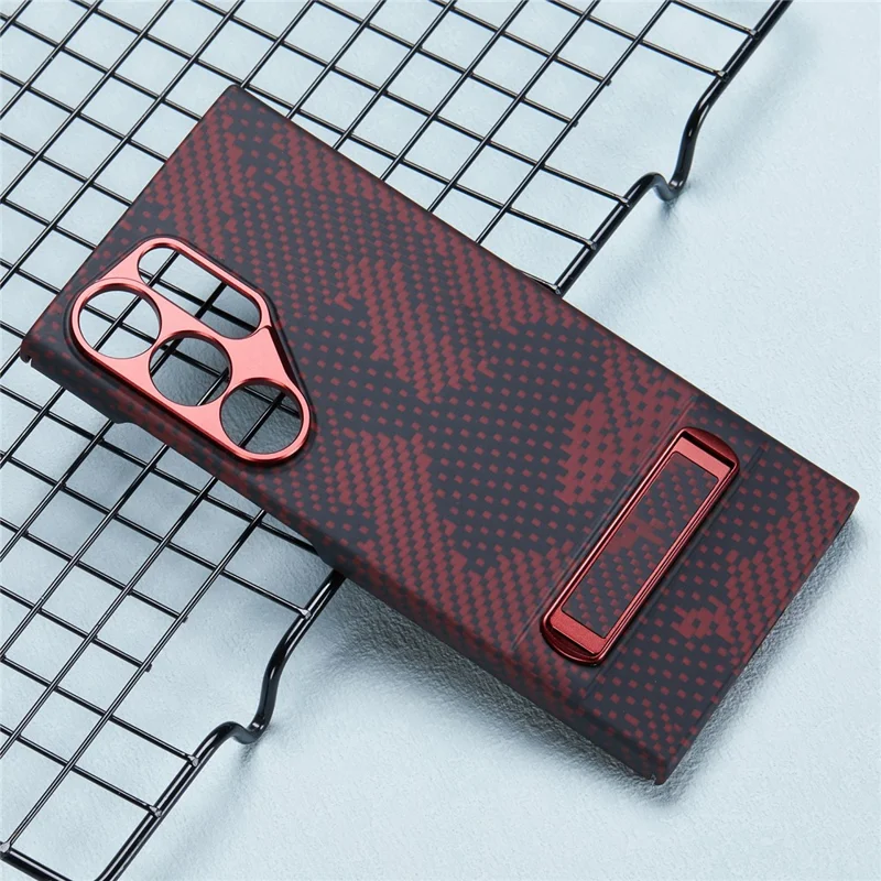Para Samsung Galaxy S24 Ultra  Case Aramid Fiber Camouflage Pattern Kickstand Phone Cover - Red