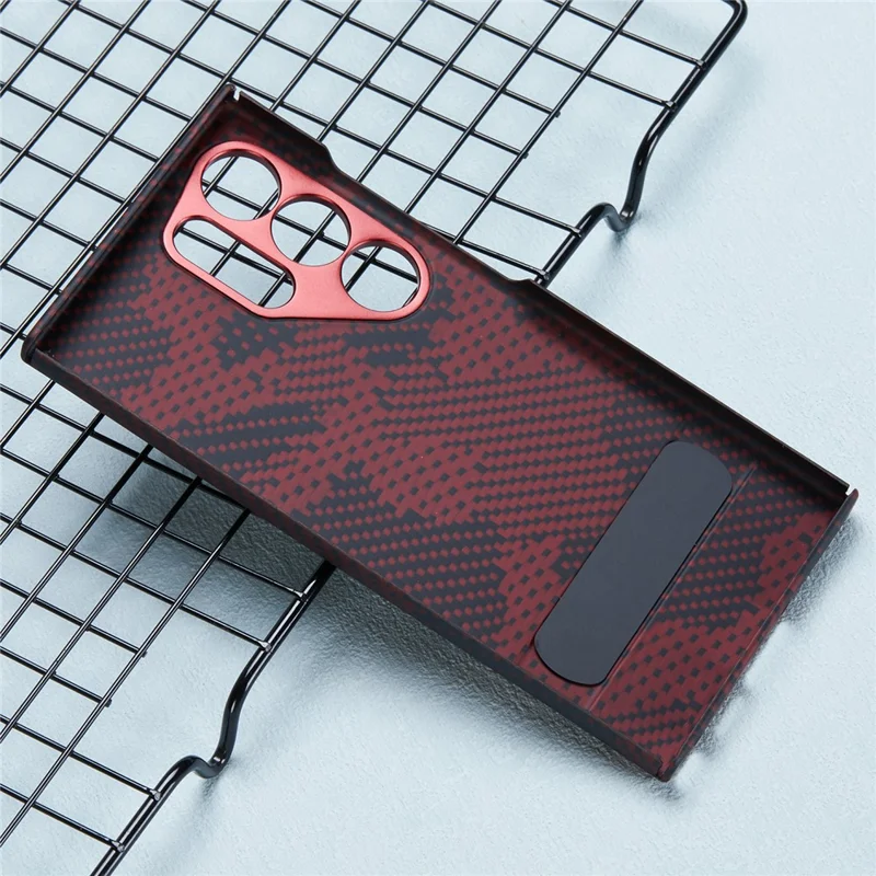 Para Samsung Galaxy S24 Ultra  Case Aramid Fiber Camouflage Pattern Kickstand Phone Cover - Red
