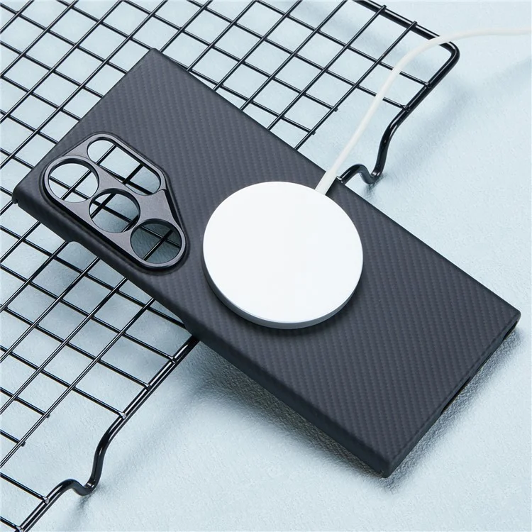 Pour Samsung Galaxy S24 Ultra Coque Magnétique Étui Fibre d'Aramide Texture Fine 600D avec Protecteur de Lentille en Métal