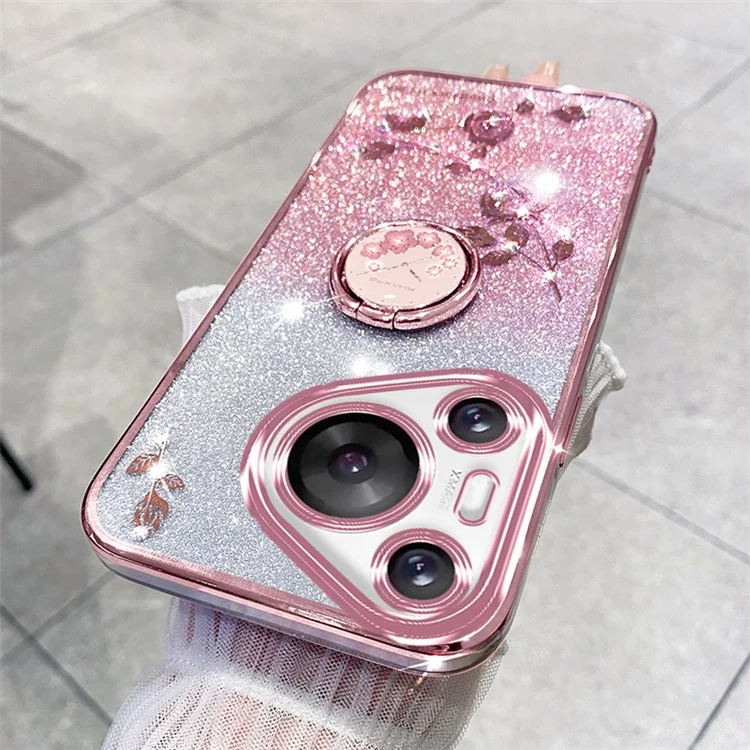KADEM para Huawei Pura 70 Pro / Pura 70 Pro+ Funda con soporte Rhinestone Flower TPU Carcasa de teléfono - Oro rosa