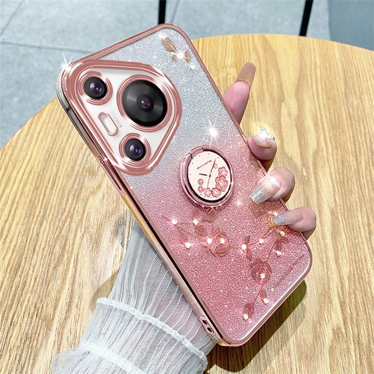 KADEM para Huawei Pura 70 Pro / Pura 70 Pro+ Funda con soporte Rhinestone Flower TPU Carcasa de teléfono - Oro rosa
