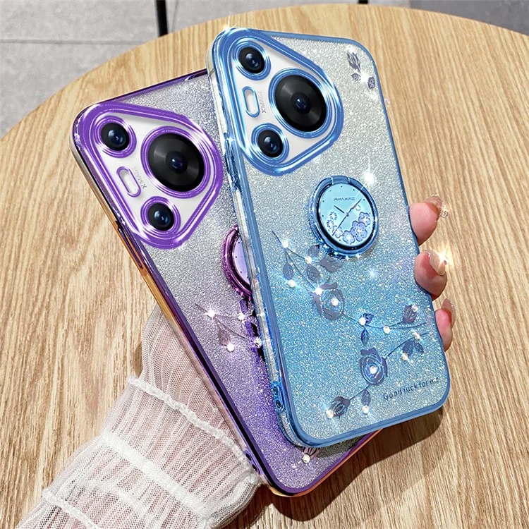 KADEM para Huawei Pura 70 Pro / Pura 70 Pro+ Funda con soporte Rhinestone Flower TPU Carcasa de teléfono - Oro rosa