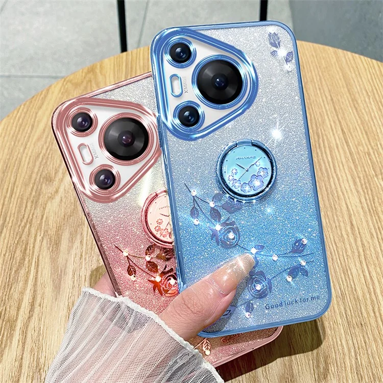 KADEM para Huawei Pura 70 Pro / Pura 70 Pro+ Funda con soporte Rhinestone Flower TPU Carcasa de teléfono - Oro rosa