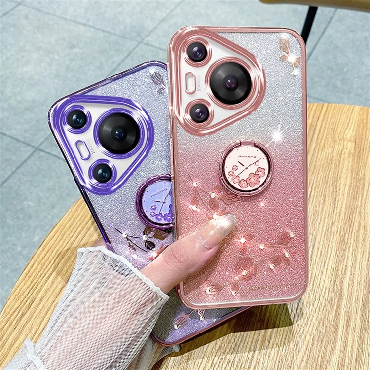 KADEM para Huawei Pura 70 Pro / Pura 70 Pro+ Funda con soporte Rhinestone Flower TPU Carcasa de teléfono - Oro rosa