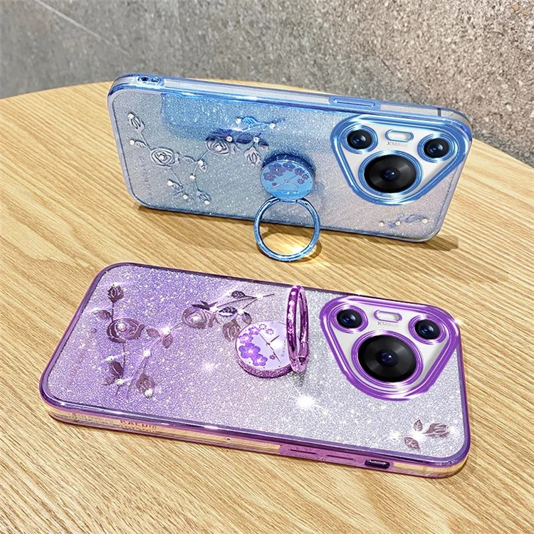 KADEM para Huawei Pura 70 Pro / Pura 70 Pro+ Funda con soporte Rhinestone Flower TPU Carcasa de teléfono - Oro rosa