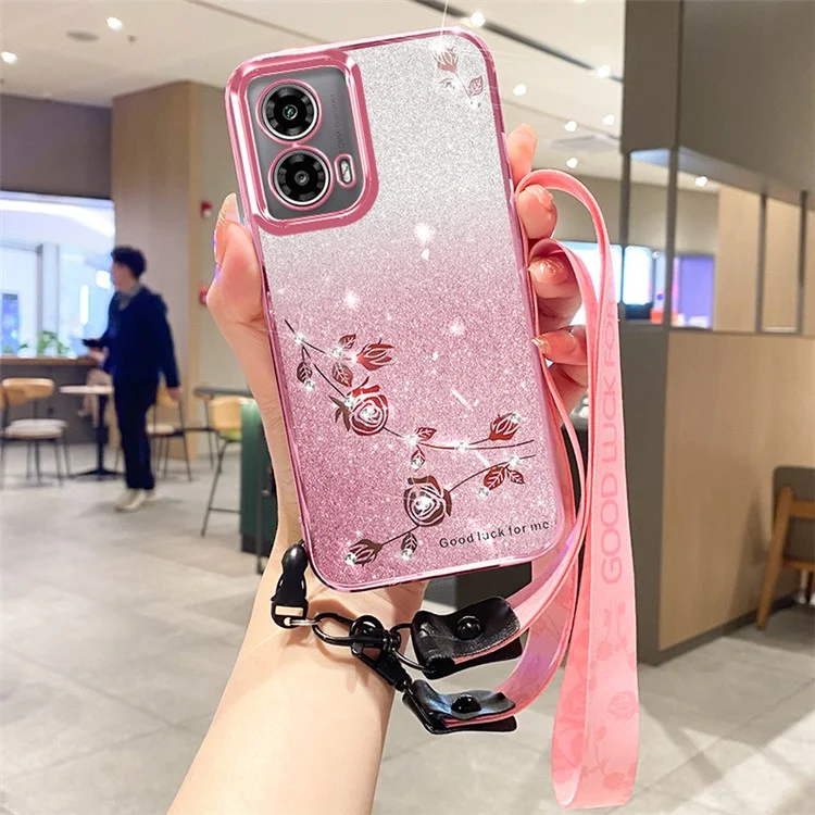 KADEM For Motorola Moto G45 5G / G34 5G Case TPU Glitter Sparkle Phone Protector with Long Lanyard - Rose Gold