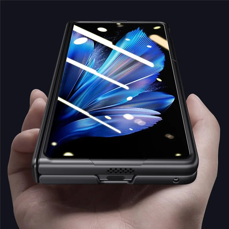 For vivo X Fold3 Case Leather Coated PC Magnetic Kickstand Phone Cover with HD Screen Film - Black