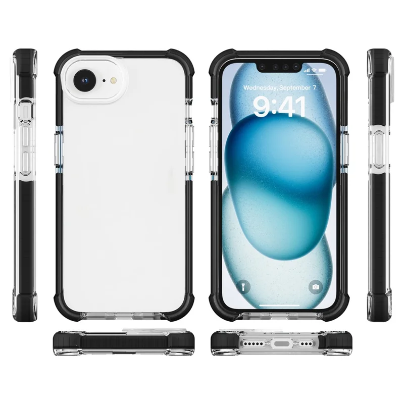 Til iPhone 16e Case 3-i-1 beskyttelse mod fald TPU+TPE+Akryl telefonbeskyttelse - Sort+Gennemsigtig