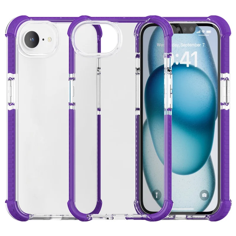 For iPhone 17e / 16e Case 3-in-1 Drop Protection TPU+TPE+Acrylic Phone Cover - Purple+Clear