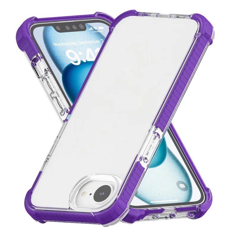 For iPhone 17e / 16e Case 3-in-1 Drop Protection TPU+TPE+Acrylic Phone Cover - Purple+Clear