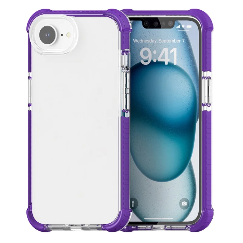 For iPhone 17e / 16e Case 3-in-1 Drop Protection TPU+TPE+Acrylic Phone Cover - Purple+Clear