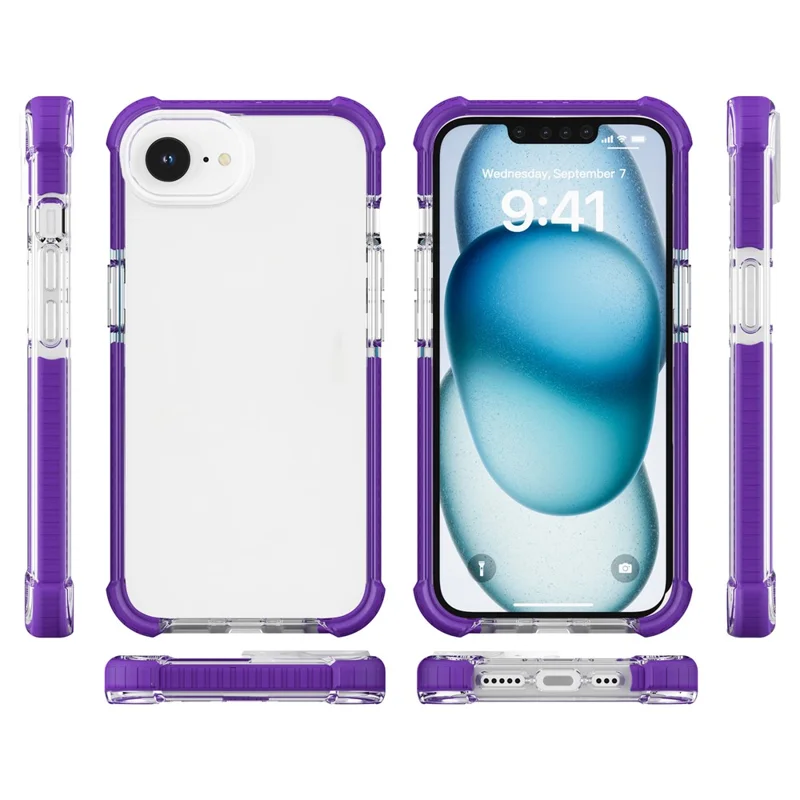 For iPhone 17e / 16e Case 3-in-1 Drop Protection TPU+TPE+Acrylic Phone Cover - Purple+Clear