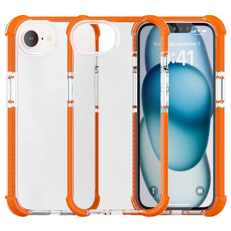 For iPhone 17e / 16e Case 3-in-1 Drop Protection TPU+TPE+Acrylic Phone Cover - Orange+Clear