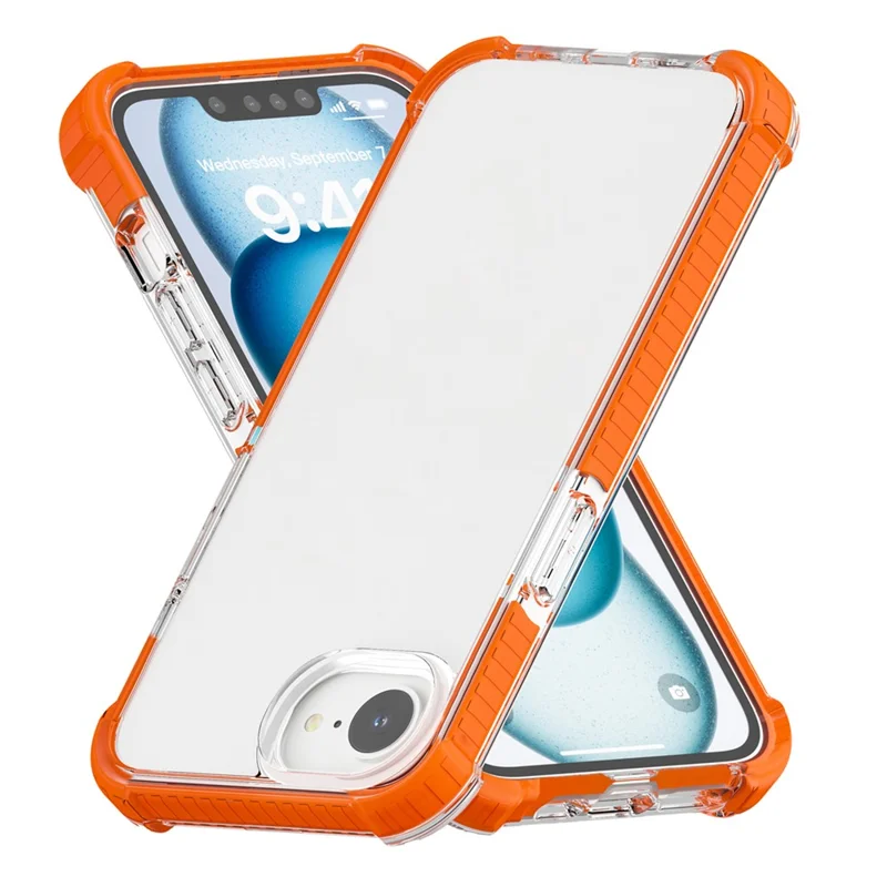 For iPhone 17e / 16e Case 3-in-1 Drop Protection TPU+TPE+Acrylic Phone Cover - Orange+Clear