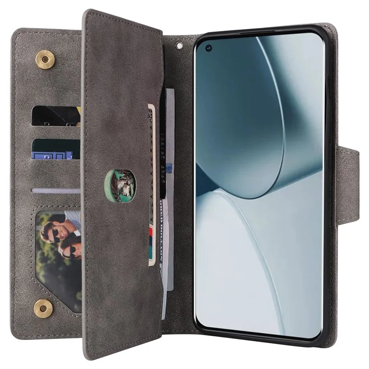 Para OnePlus 10 Pro 5G Funda Anti-caída con Remache Decorativo Funda de Piel Sintética con Soporte y Cartera - Gris