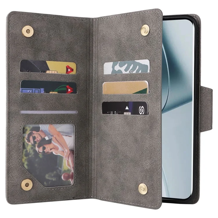 Para OnePlus 10 Pro 5G Funda Anti-caída con Remache Decorativo Funda de Piel Sintética con Soporte y Cartera - Gris