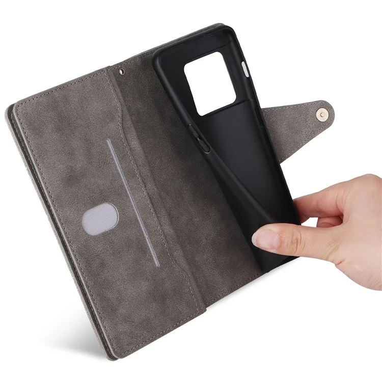 Para OnePlus 10 Pro 5G Funda Anti-caída con Remache Decorativo Funda de Piel Sintética con Soporte y Cartera - Gris