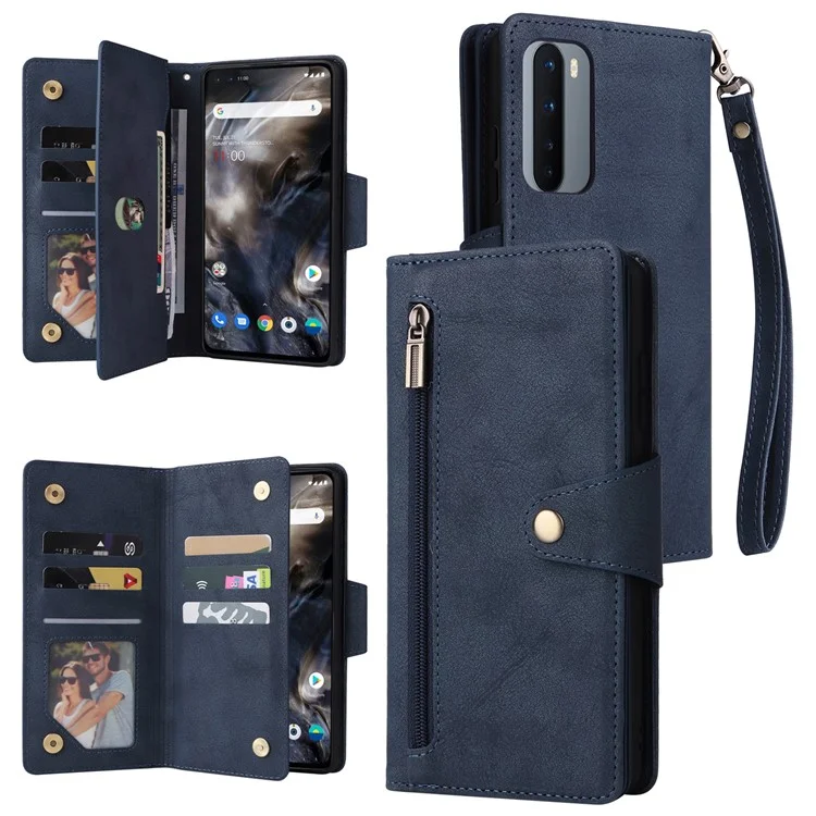 For OnePlus Nord Case PU Leather Foldable Stand Wallet Phone Cover with Rivet Decor - Blue