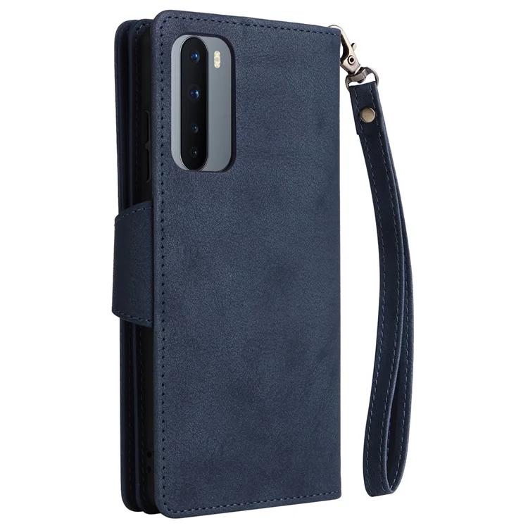 For OnePlus Nord Case PU Leather Foldable Stand Wallet Phone Cover with Rivet Decor - Blue