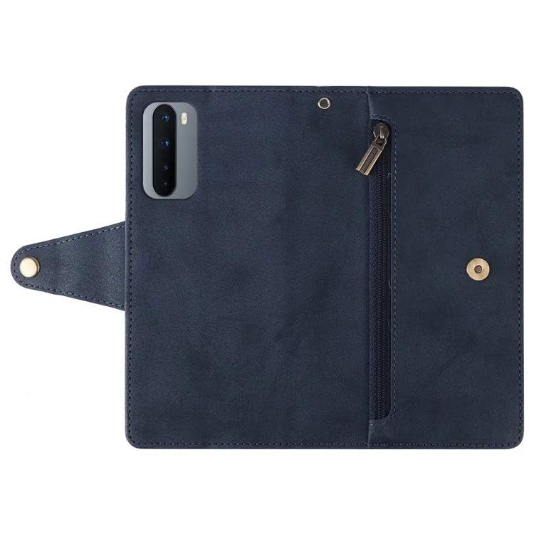 For OnePlus Nord Case PU Leather Foldable Stand Wallet Phone Cover with Rivet Decor - Blue