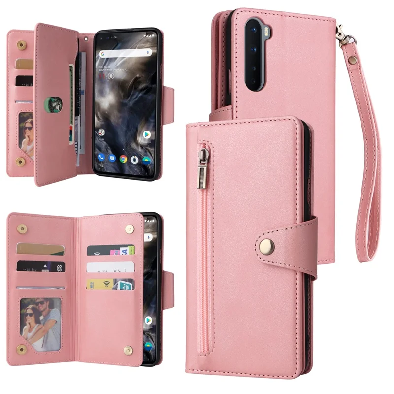 For OnePlus Nord Case PU Leather Foldable Stand Wallet Phone Cover with Rivet Decor - Rose Gold