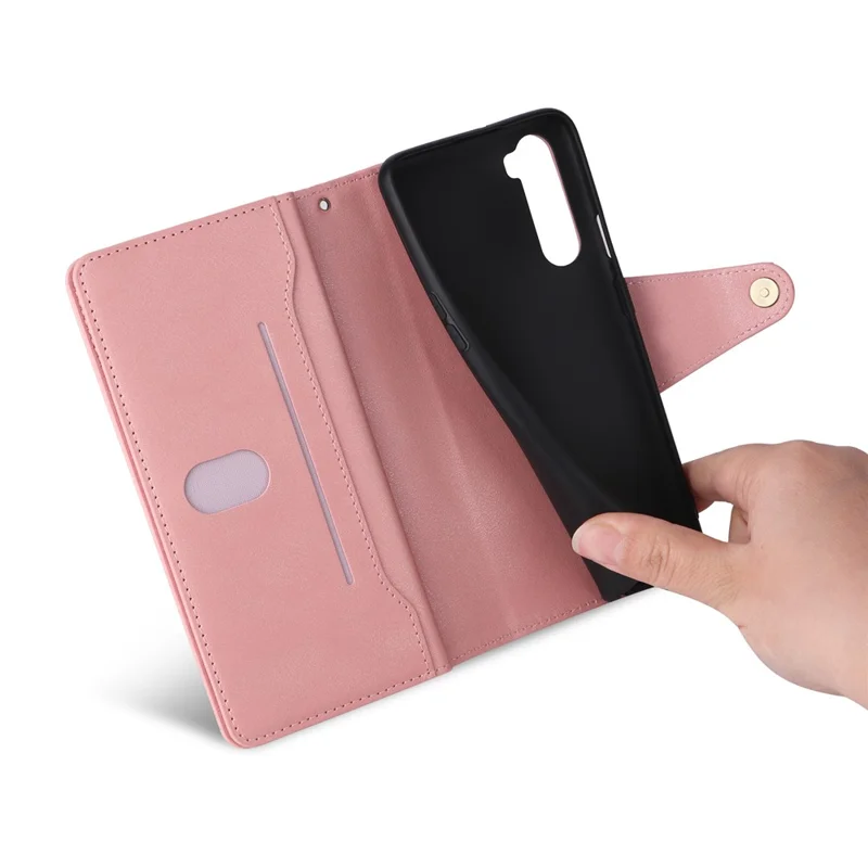 For OnePlus Nord Case PU Leather Foldable Stand Wallet Phone Cover with Rivet Decor - Rose Gold