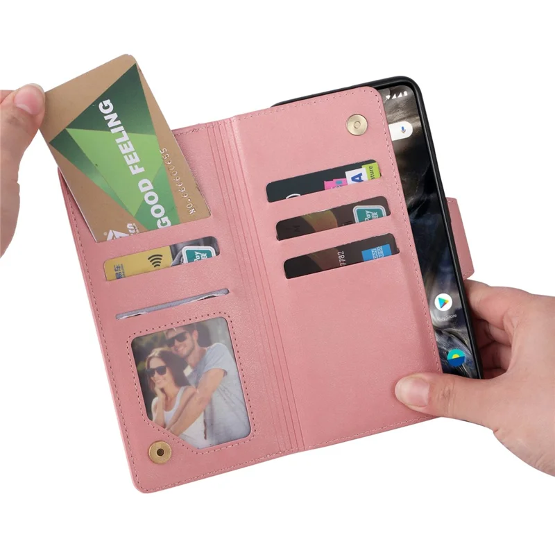 For OnePlus Nord Case PU Leather Foldable Stand Wallet Phone Cover with Rivet Decor - Rose Gold