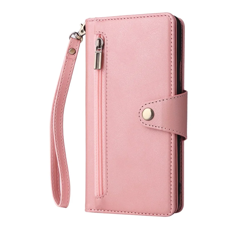 For OnePlus Nord Case PU Leather Foldable Stand Wallet Phone Cover with Rivet Decor - Rose Gold