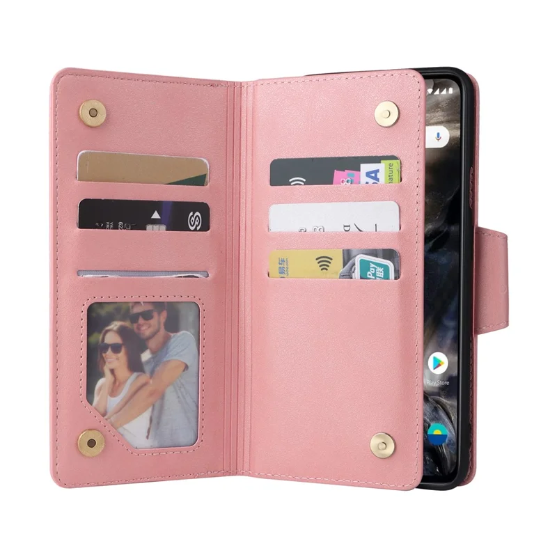 For OnePlus Nord Case PU Leather Foldable Stand Wallet Phone Cover with Rivet Decor - Rose Gold