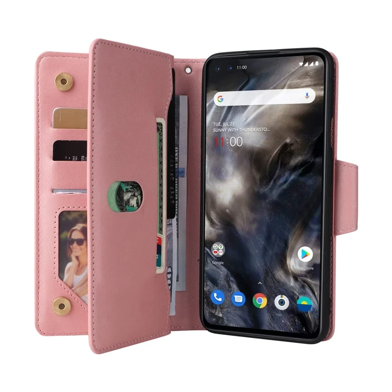 For OnePlus Nord Case PU Leather Foldable Stand Wallet Phone Cover with Rivet Decor - Rose Gold