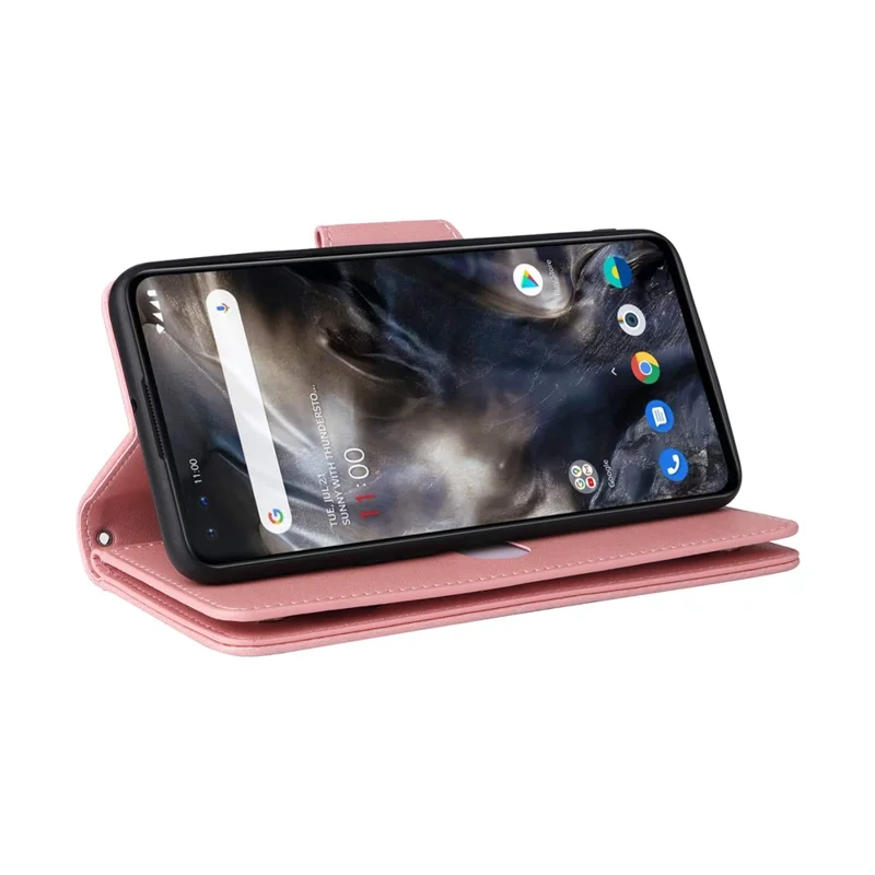 For OnePlus Nord Case PU Leather Foldable Stand Wallet Phone Cover with Rivet Decor - Rose Gold